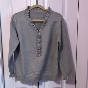 Gray V-Neck Sweater with Button Detail